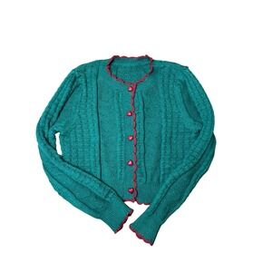 Green Heart Button Cardigan Sweater Hand Knit Feminine Cropped‎ Knit Cute Trendy